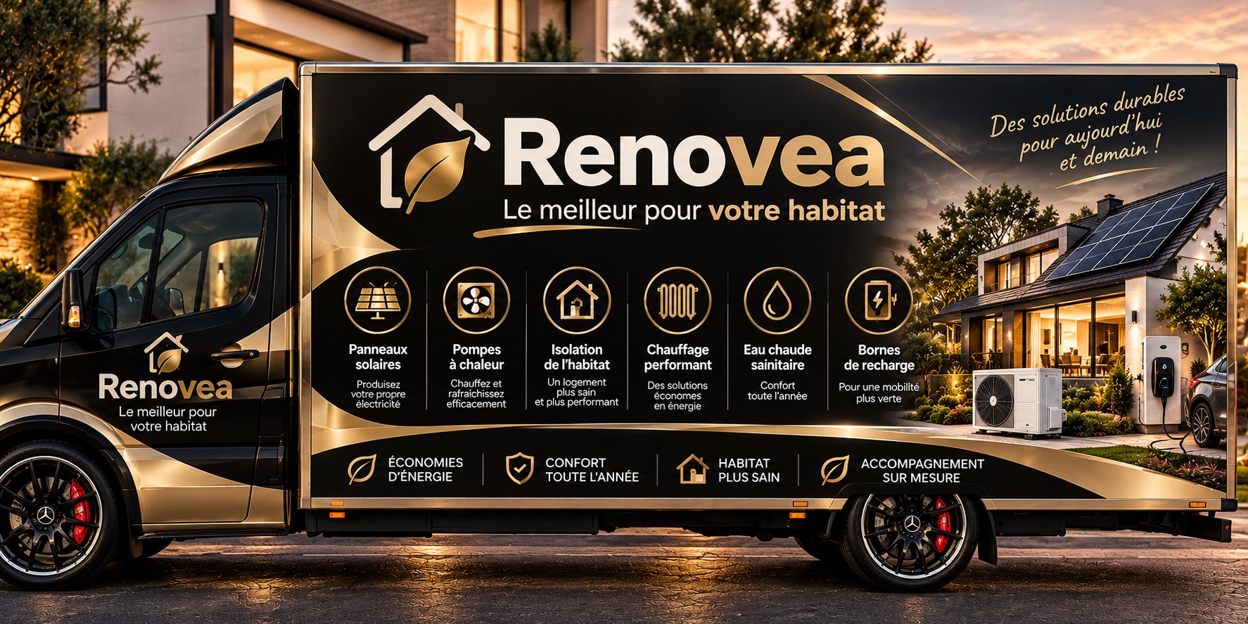 Camion Renovea, le meilleur pour votre habitat, garé devant une maison