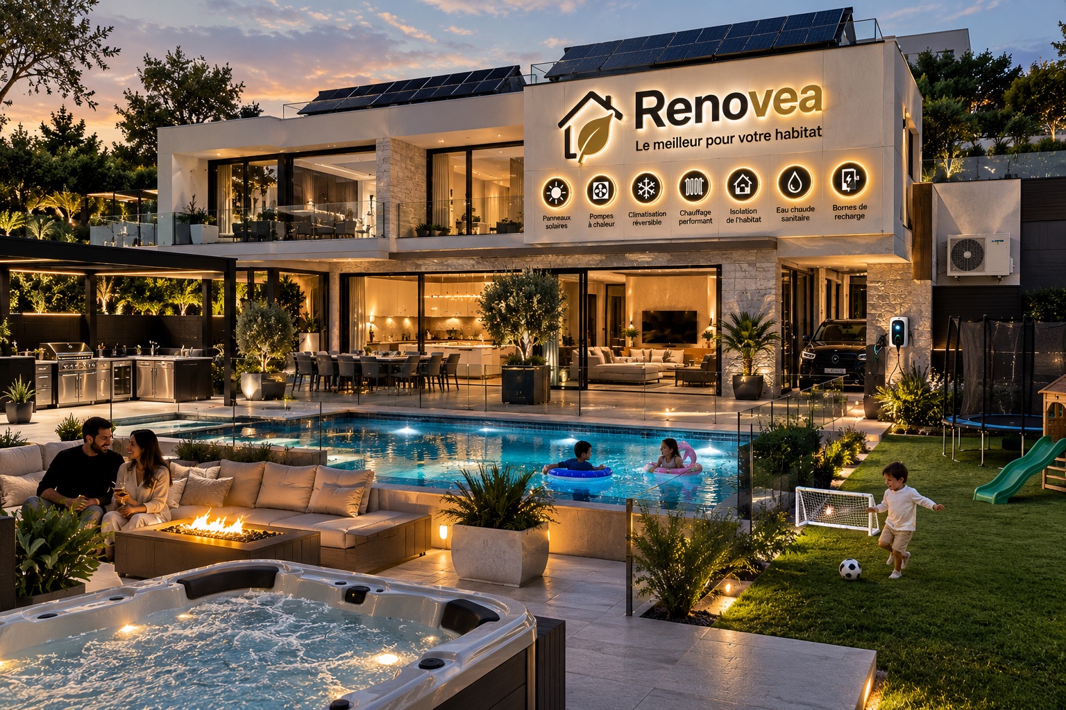 Villa Renovea au crépuscule : panneaux solaires, pompe à chaleur, climatisation et borne de recharge
